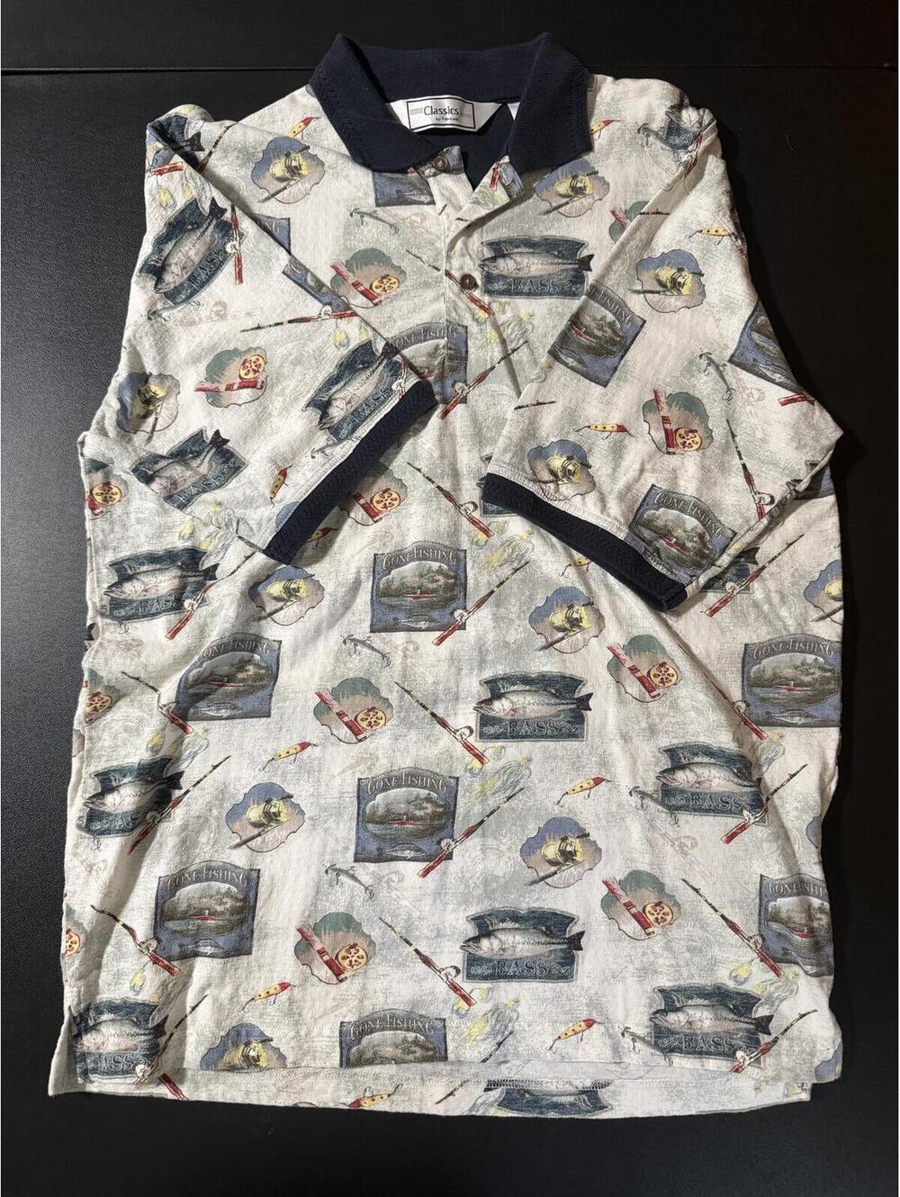 Vintage Classics by Penland Men’s Large Fishing Print Polo Shirt Cream Navy 100%